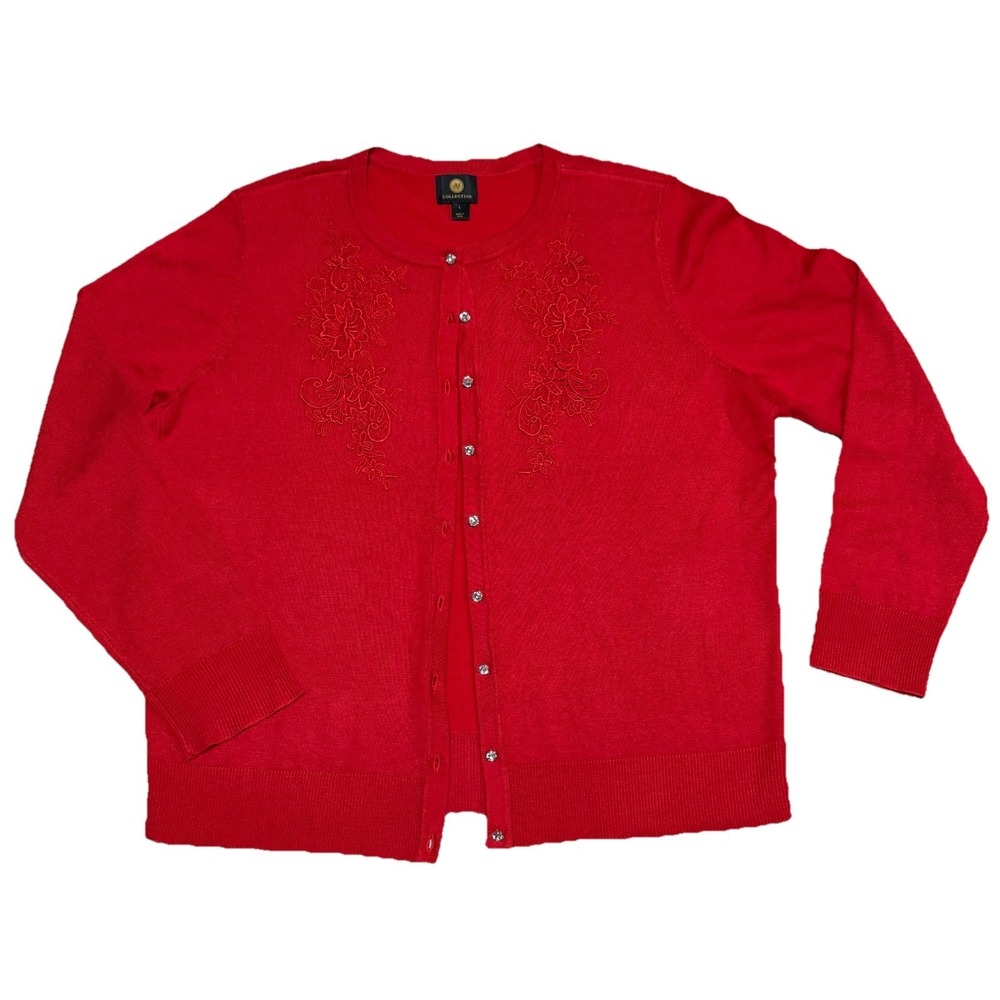 JM Collection Womens Lace Applique Party Cardigan Large Red Rhinestone Buttons